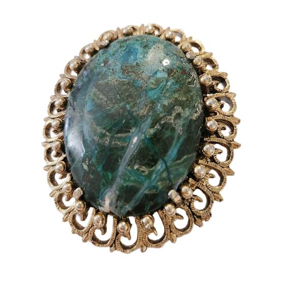 Vintage Israeli Eilat Stone Pendant Brooch with Gold Plated Frame 2.5
